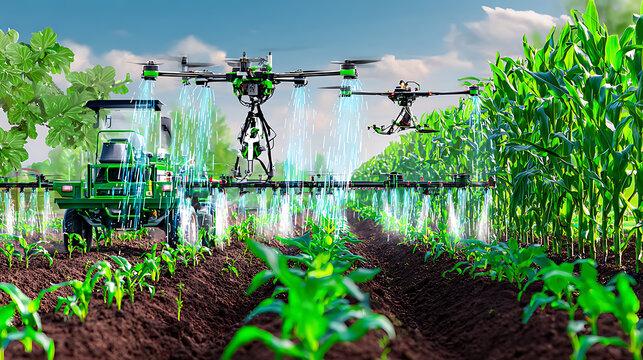 Agricultural drones and tractor spraying crops in a cornfield
