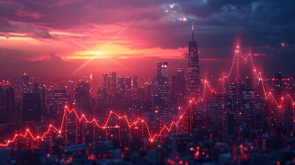 Vibrant city skyline at sunset with glowing financial graph overlay