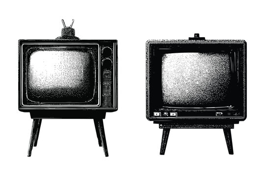 vintage halftone television vector illustration, retro photocopy effect television vector set with knobs, classic tv monochrome dotted style isolated on white background