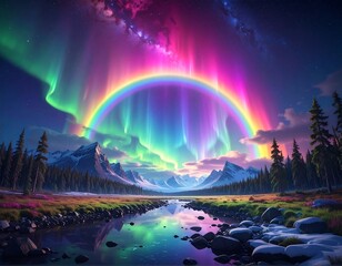 A vibrant, colorful aurora borealis over a serene mountain valley