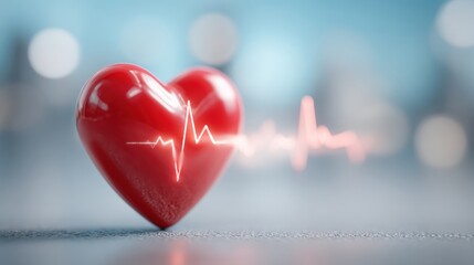 Glossy red 3d heart on cool blue bokeh background