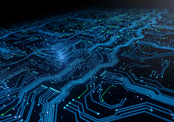 Abstract digital circuit board with glowing blue and green lines representing data flow and connectivity in a technological network.