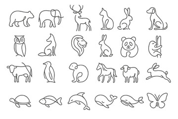Fototapeta premium Collection of simple line drawings showcasing various animals in different poses and expressions for artistic inspiration
