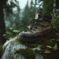 Old muddy hiking boot resting on a moss-covered rock in a misty forest