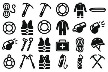 Obraz premium Outdoor safety and rescue icon set with life vests, ropes, ice axes, helmets, whistles, and first aid kits