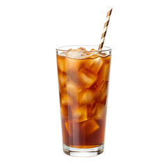 Tall glass iced coffee beverage with striped straw isolated on a transparent background drink