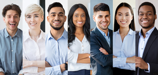 A diverse group of seven professionals, including Asian and Black individuals, stand together. They smile confidently while showcasing a collaborative and friendly business environment.