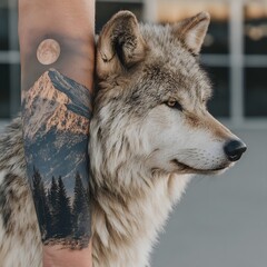 Obraz premium Artistic wolf portrait with shoulder tattoo high resolution picture