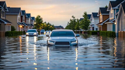 Flooded street with cars and houses underwater after heavy rain disaster

