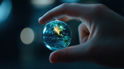 Cybernetic hand reaching toward floating holo standard in futuristic environment for advanced interaction