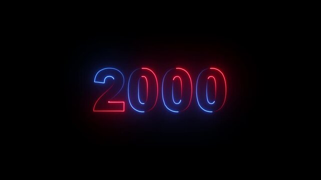 2000 neon line text. Abstract 2000 neon text animation, Glowing neon number text on black background .
