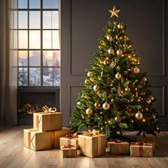 Christmas tree with presents in a cozy room