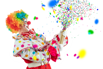 Funny clown pulling carnival cracker. Entertainer Joker in colorful suit and wig.Trickster, jester, pantomime, mime whiteface makeup. Professional actor at event, kids party, circus