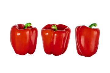 Three red bell peppers isolated on transparent background. Fresh vegetable with green stem, perfect for healthy food, cooking, and vegetarian design concepts.