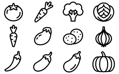 Assorted Vegetable Illustrations Simple line art icons featuring an array of fresh, vibrant vegetables, perfect for culinary or health-related projects.