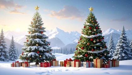 Christmas trees in snowy mountains