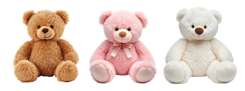 Teddy bears isolated on a transparent PNG background. Children's plush toy. Fluffy cute gift. Teddy bear - brown, pink and white set, collection.