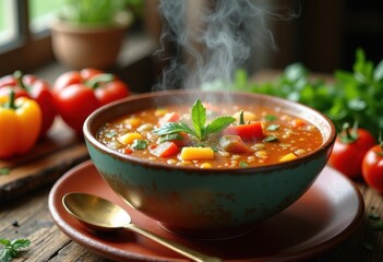 Hearty Steaming Soup Emitted from Handmade Ceramic Bowl Surrounded by Fresh Ingredients