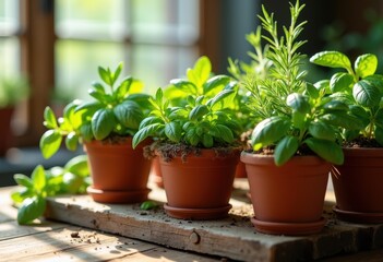 Fototapeta premium Vibrant Garden-Fresh Herbs in Rustic Terracotta Pots Showcasing Organic Beauty and Natural Textures