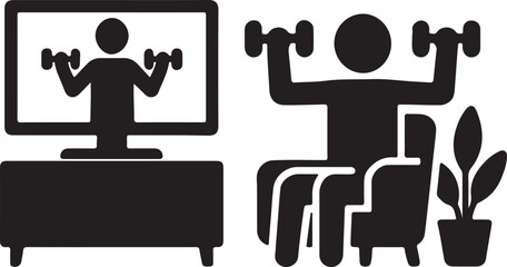 Home Workout Silhouette of Patient Lifting Dumbbells with Online Fitness Instructor on TV Screen Vector