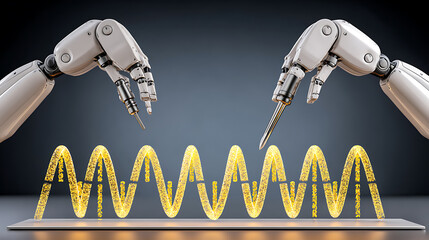 Robotic hands manipulating a glowing DNA double helix structure