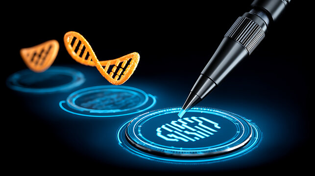 Digital DNA editing with a stylus interacting with glowing genetic sequences on a futuristic interface - Powered by Adobe