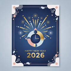 Abstract "Happy New Year 2026" Poster with a Clock and Fireworks