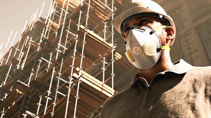Man wearing hard hat and mask is standing in front of building. Concept of caution and safety, as man is wearing protective gear while working in potentially hazardous environment. - Powered by Adobe
