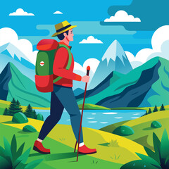 Fototapeta premium Hiker with Backpack and Trekking Pole in a Mountainous Landscape