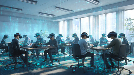 Group of people using virtual reality headsets in a modern classroom setting with digital projections on the floor and walls