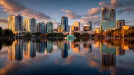 Obraz premium orlando florida usa downtown city skyline on eola lake no logos no brands