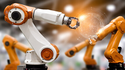 Industrial robotic arms collaborating in a manufacturing setting with glowing interaction effects