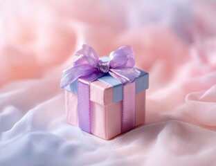 A delicate, pastel-hued gift box, adorned with a lavender ribbon bow, sits on a soft, flowing fabric background.