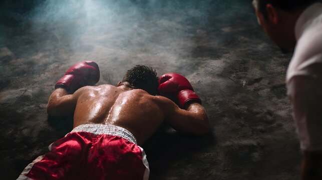 A boxer lies defeated on the ring floor as the referee counts illuminated by dramatic overhead light