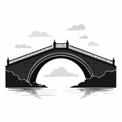 Fototapeta premium Black and white illustration of a stone bridge over water with clouds in the sky.