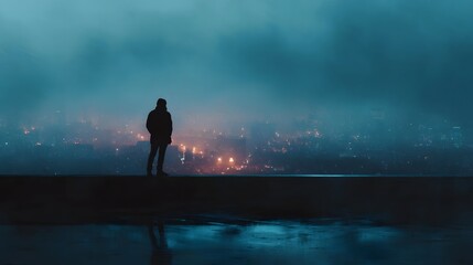 Fototapeta premium A solitary figure silhouetted on a rooftop overlooking a foggy illuminated cityscape at night bathed in cool blue tones