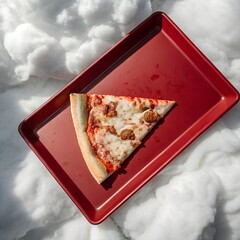 Slice of pizza on a red tray in clouds food concept 