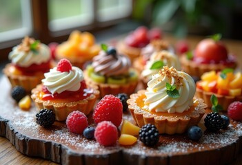 Fototapeta premium Mouthwatering Dessert Spread Featuring Colorful Seasonal Fruits Delicious Tarts Cakes Pies and Whipped Cream Tempting Sweet Treats Presentation
