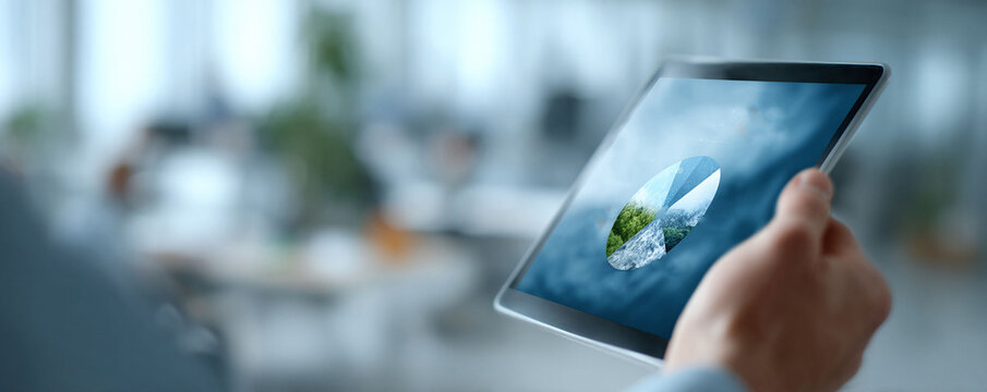 Hand holding a tablet displaying environmental data as a pie chart, featuring water, forest and clouds. Illustrates sustainability, analysis, and investment. For eco concepts.