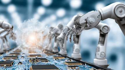 Robotic arms interacting with a circuit board, generating a digital energy burst