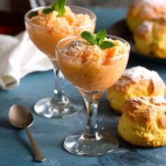 Two glasses of orange sorbet, garnished with mint and powdered sugar, beside some pastries