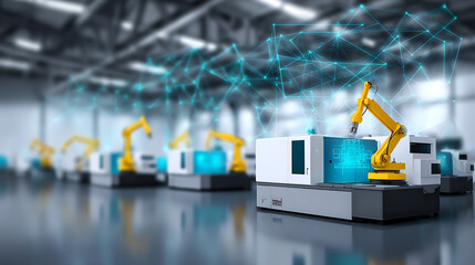 Industrial robotic arms operating in a smart factory with digital network overlays