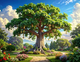 Lush garden scene with a large tree and hanging fruit