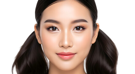 Fototapeta premium Radiant young woman with flawless skin and soft makeup, perfect for beauty campaigns and lifestyle promotions isolated on transparent background