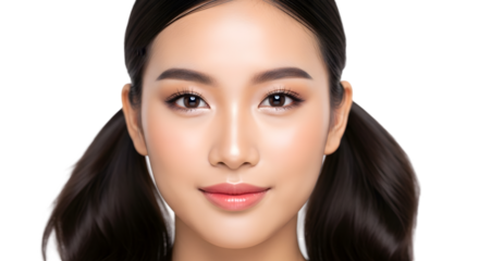 Radiant young woman with flawless skin and soft makeup, perfect for beauty campaigns and lifestyle promotions isolated on transparent background