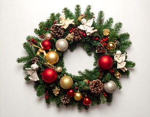 Christmas wreath with angels, ornaments, and pine cones