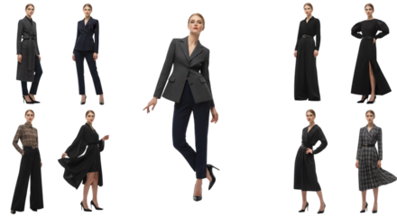 Elegant professional women showcasing modern business attire and chic fashion ensembles for sophisticated styling and corporate success isolated on transparent background