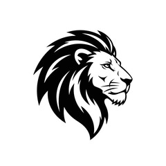 Stylized black and white profile of a majestic lion's head with a flowing mane, facing right, representing strength and leadership.