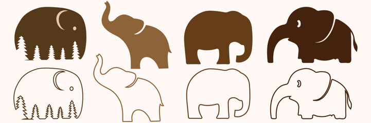 Elephant silhouette set with solid and outline designs in different styles. Vector illustration collection for decoration, logo, and artwork. Modern animal graphic icons for creative use.