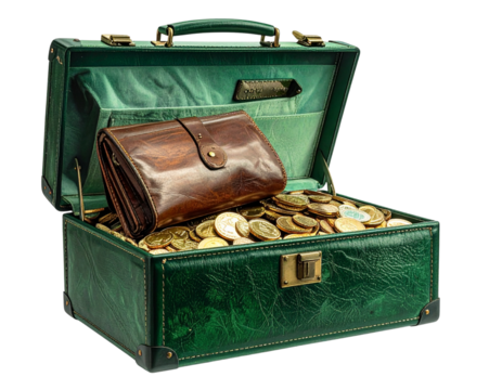 Side View of Green Briefcase with Open Wallet and Coins, PNG Transparent